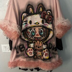 Pink Graphic Sequin Top with Ruffle Sleeves Labubu Dress Never Worn